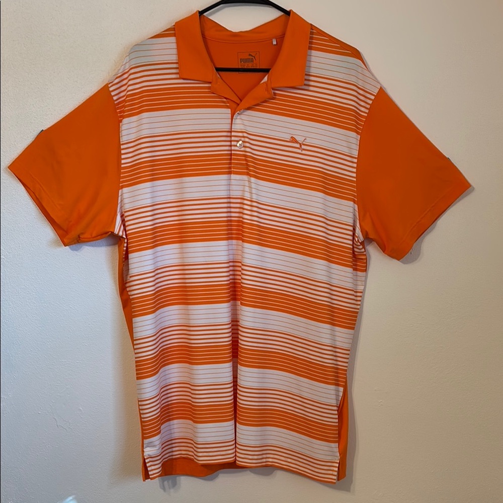 Puma Orange and White Polo Shirt Vibrant Stripes XLT